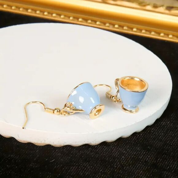 "Evelyn" Pale Blue and Gold Tea Cup Dangle Earrings - Picture 1 of 3